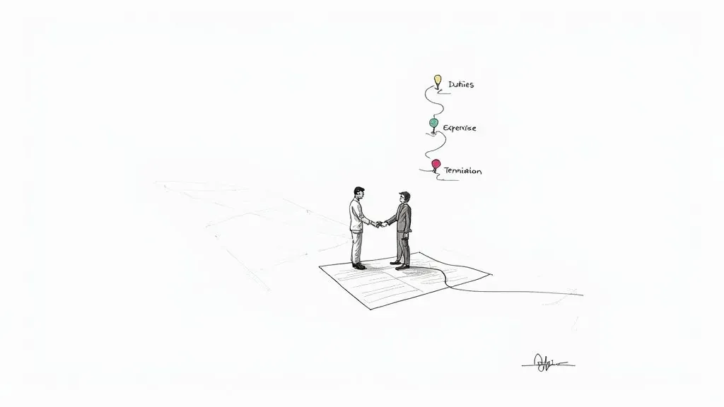 Two people shake hands over a contract beneath labels for duties, expenses, and promotion.