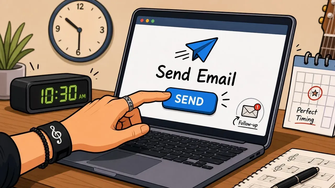 A person wearing a music themed wristband pressing the send button on a laptop for email marketing.