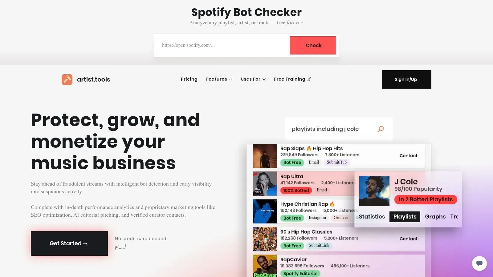 artist.tools homepage with a Spotify Bot Checker field and playlist search preview featuring J. Cole.