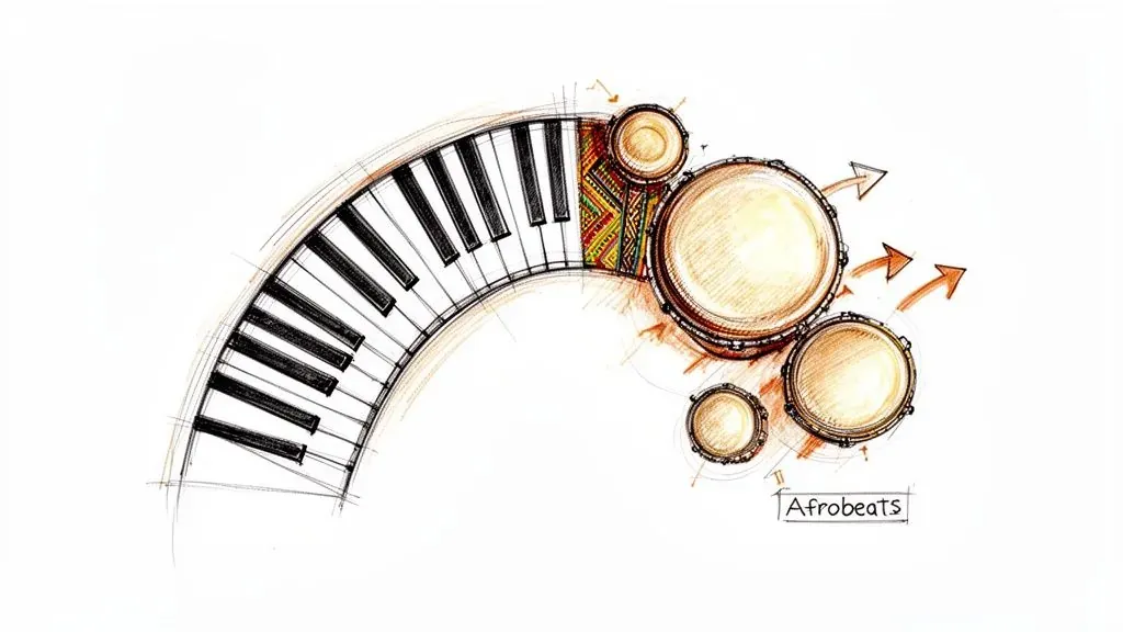 A sketch combining a curved piano keyboard, traditional African drums, and 'Afrobeats' text, depicting music.