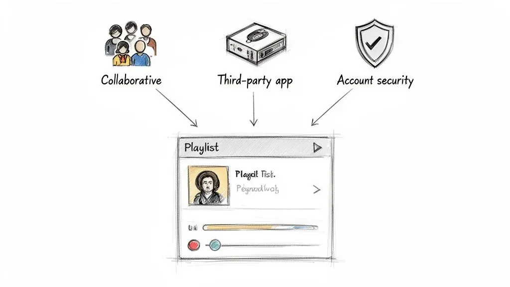 A sketch diagram illustrating collaborative, third-party app, and account security features integrating into a music playlist interface.