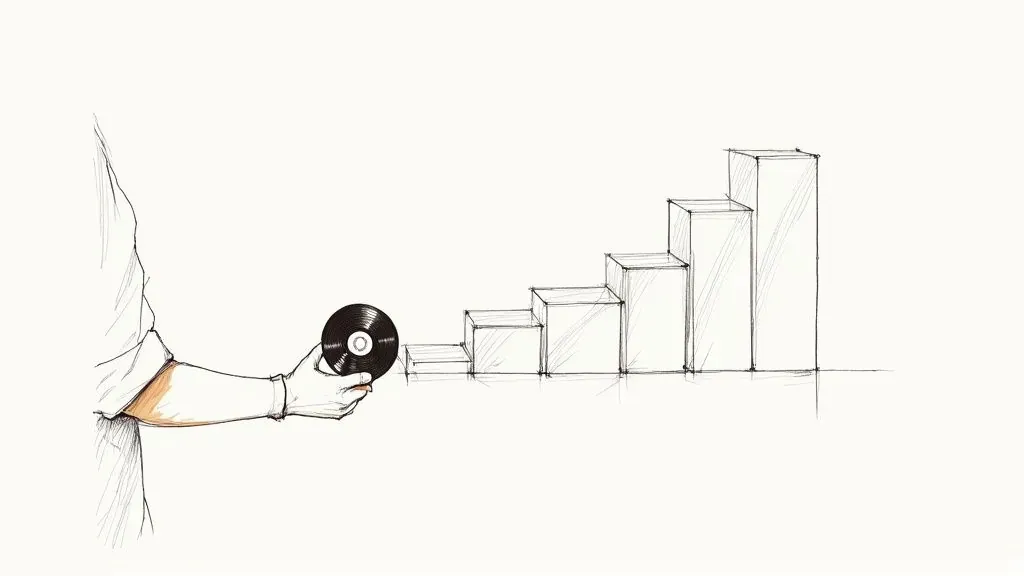 A sketch of a hand holding a small disc next to a rising bar chart, symbolizing progress.