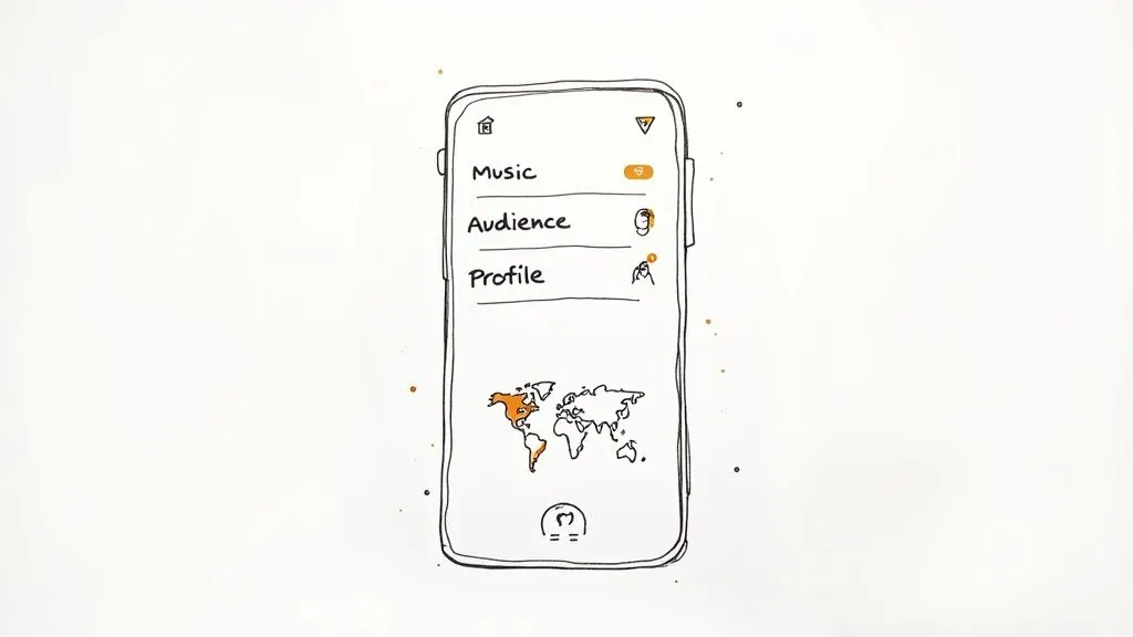A sketch of a smartphone displaying a music app interface with a global audience map.