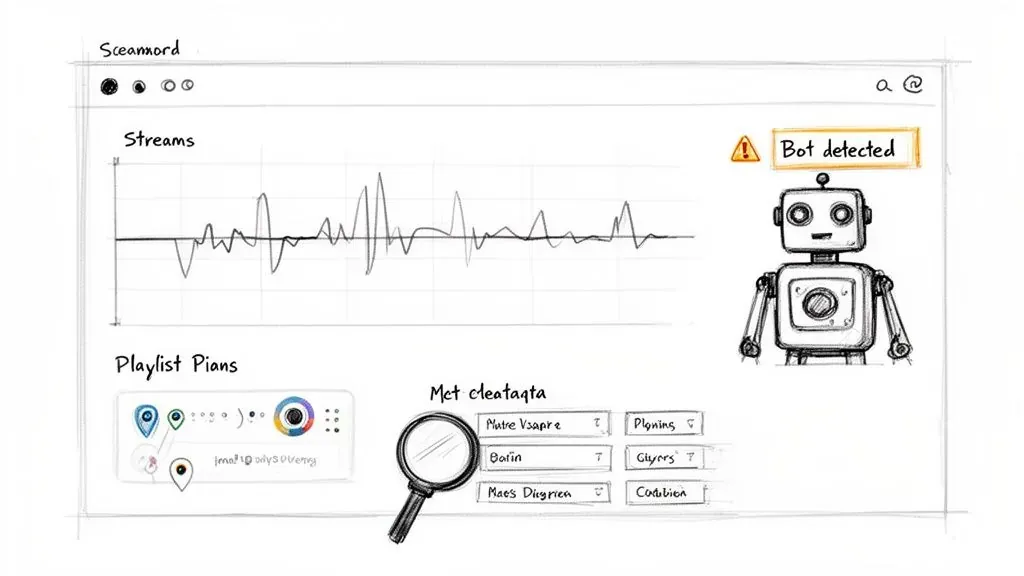A sketch of a software interface showing audio streams, playlist plans, and a 'Bot detected' warning with a robot.