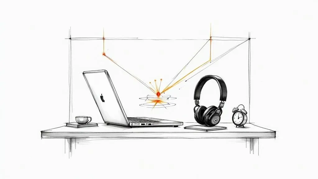 A sketch of a workspace with a laptop, headphones, coffee, and an alarm clock.