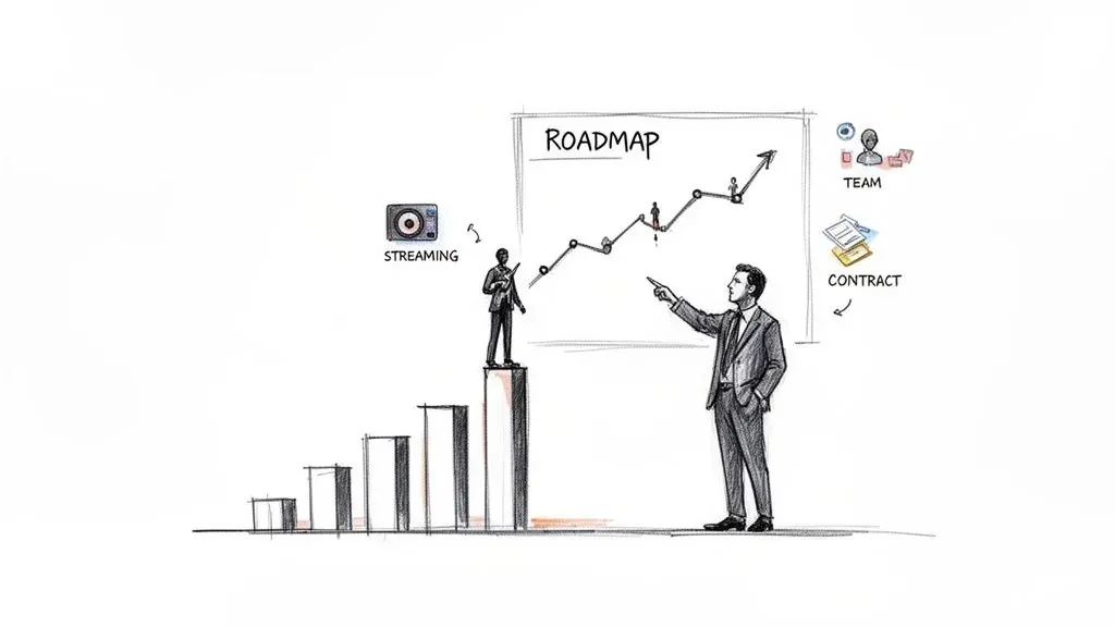 A sketch showing a manager pointing at a roadmap for a music artist’s career, including streaming, team, and contracts.