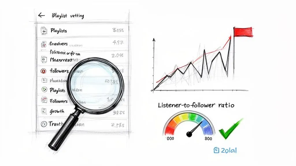 A sketched interface for playlist vetting showing metrics, a growth graph, and a listener-to-follower ratio gauge.