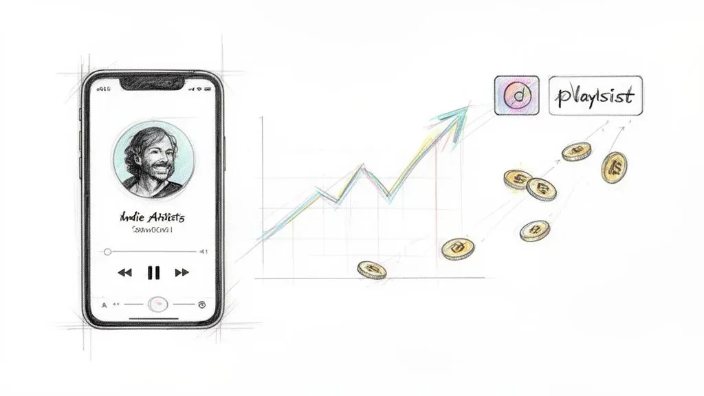 Illustrated indie artist profile on a smartphone beside a rising graph, playlist symbol, and coins.