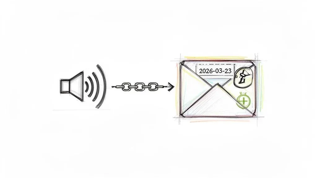 A speaker emitting sound waves linked by a chain to an envelope dated 2026-03-23 with a clock stamp.