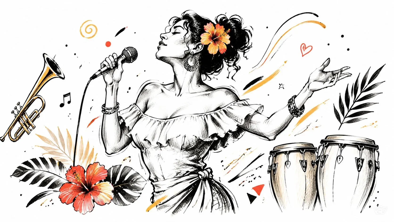 A stylistic ink sketch of a female singer performing with musical instruments, a trumpet, and tropical flowers.