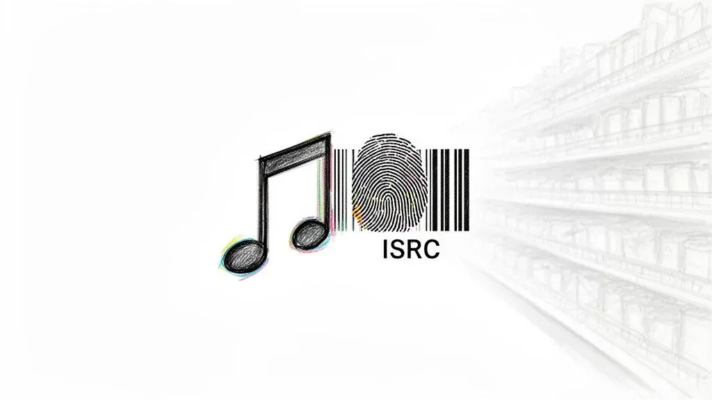 A stylized musical note next to a fingerprint barcode with ISRC text and faint background shelves.