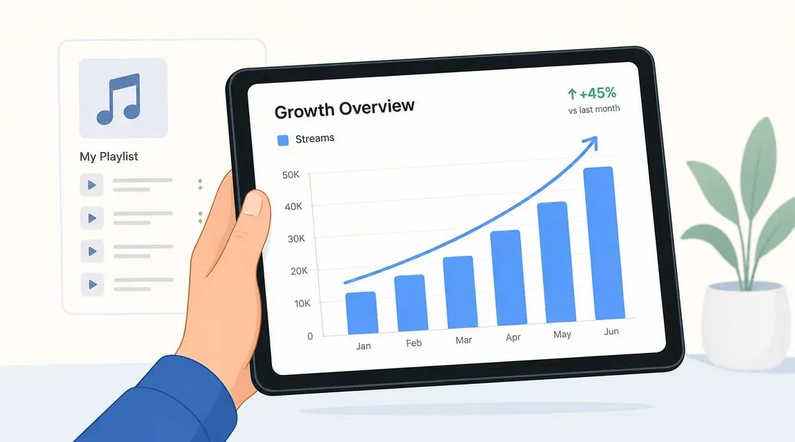 A tablet screen displays a music streaming growth chart showing a 45 percent increase in monthly streams.
