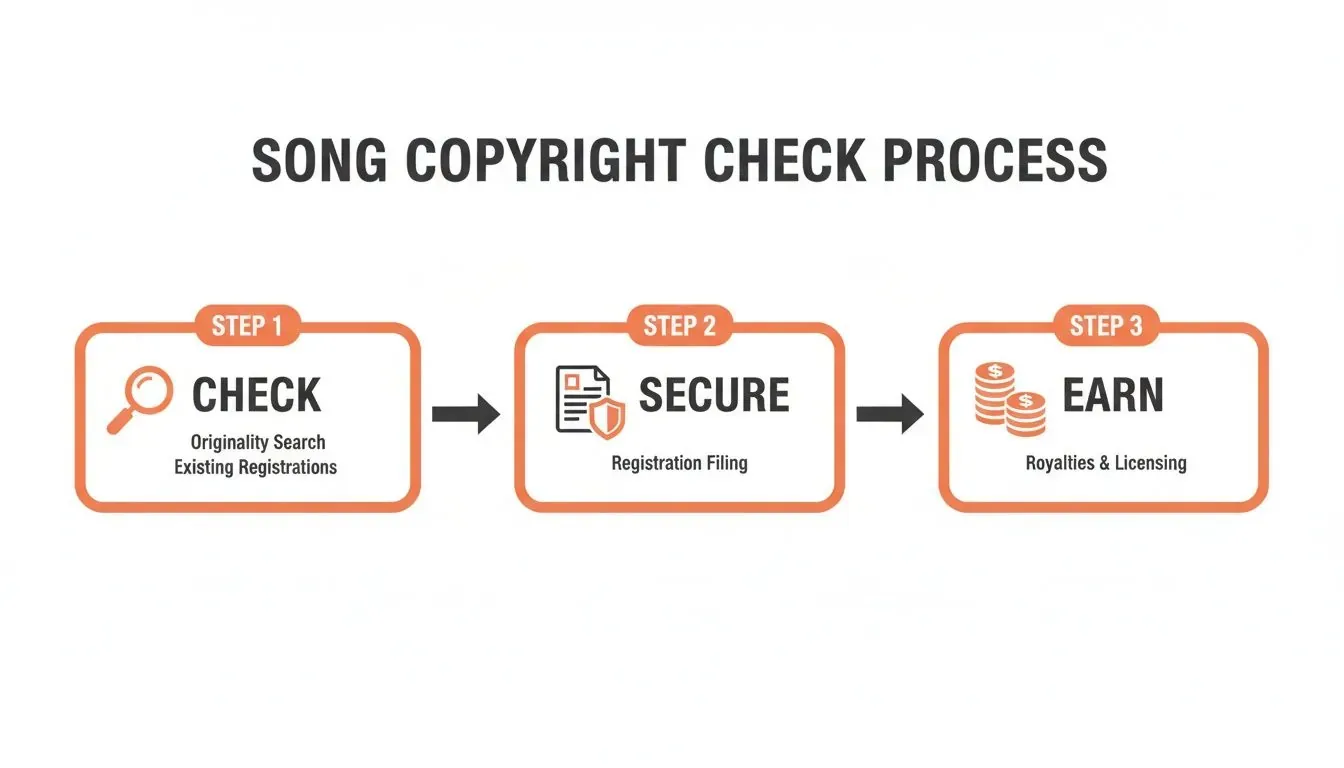 A three-step infographic detailing the song copyright check process: Check, Secure, and Earn.