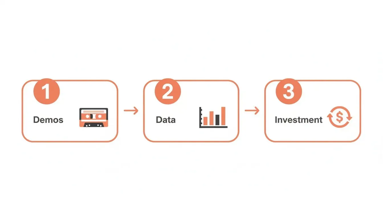 A three-step process showing demos, data analysis, and investment for artists.
