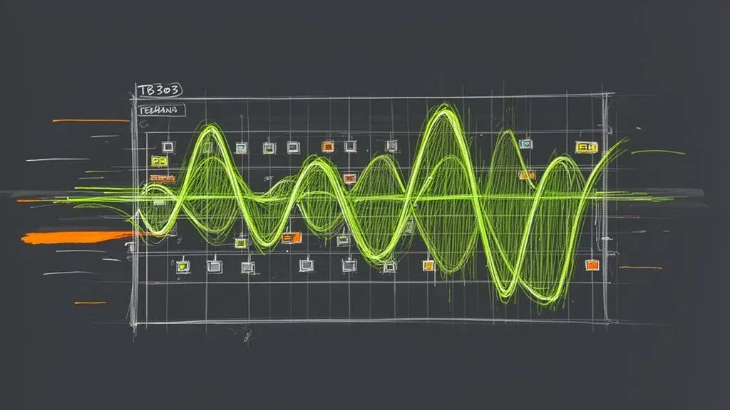 A vibrant neon green sound wave visualizer against a dark grid, resembling an electronic music interface.