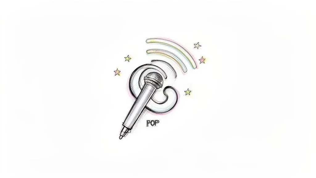 A vibrant sketch of a microphone with colorful sound waves, stars, and the word 'POP'.