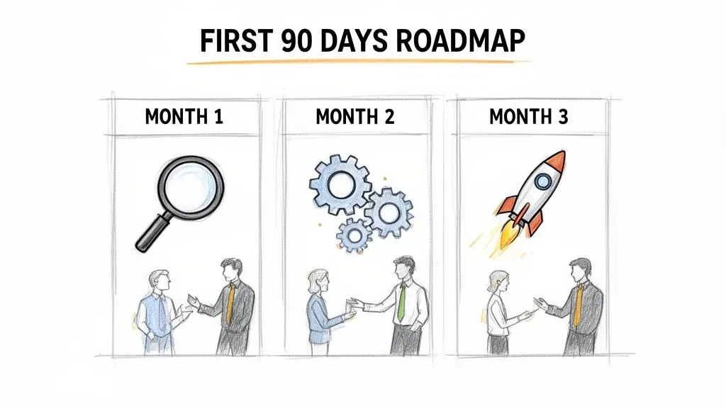 A visual roadmap outlining the first 90 days, depicting phases of research, collaboration, and launch.