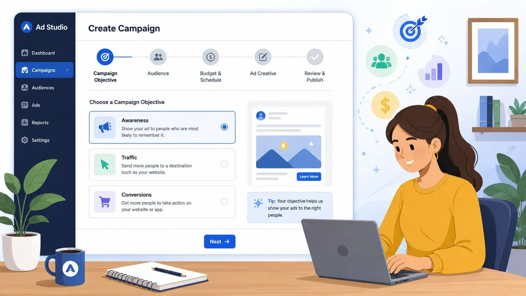 Illustrated Spotify Ad Studio campaign setup showing awareness, traffic, and conversion objectives beside a woman using a laptop.