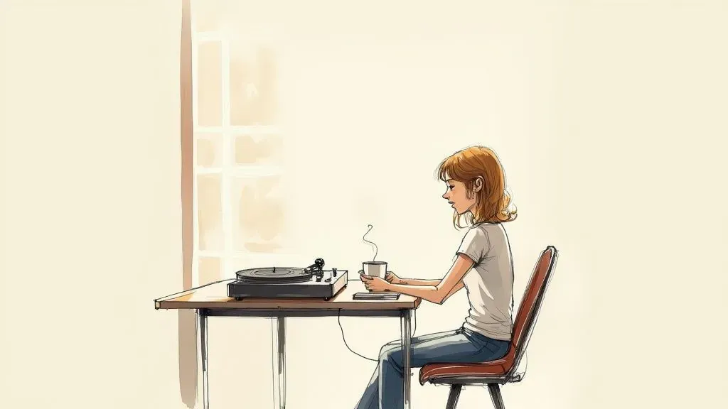 A young woman with brown hair sits at a table, enjoying music from a record player and a steaming cup.