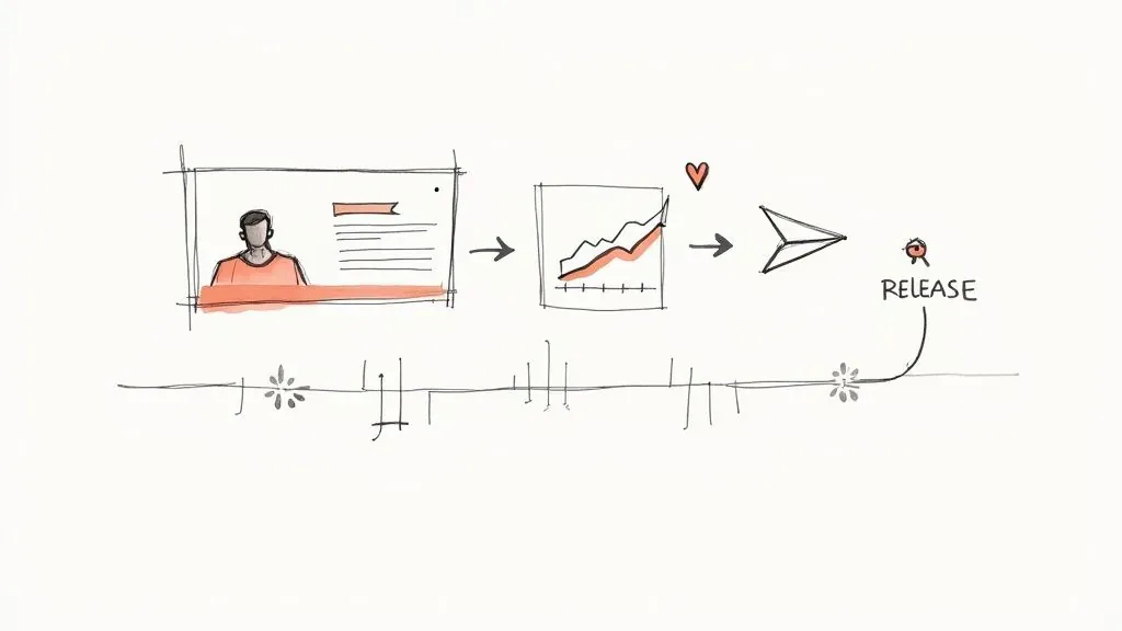 Sketched artist profile, rising analytics chart, and release timeline illustrating planning after uploading music.