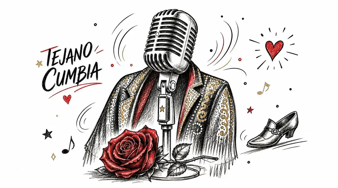An artistic sketch featuring a vintage microphone, a red rose, and a decorative fringe jacket symbolizing Tejano Cumbia.