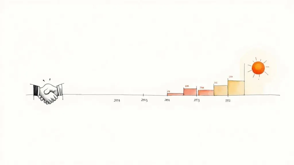 A handshake leads into a timeline with rising bars and a sun, illustrating a management relationship’s progression.