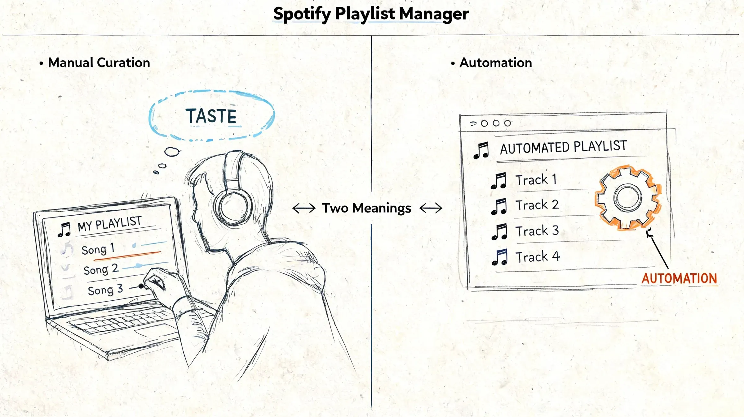 An illustration comparing manual Spotify playlist curation based on taste versus automated playlist management using software tools.