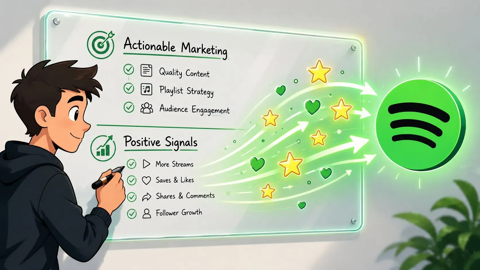 An illustration of a young man writing Spotify growth strategies on a glass board with streaming icons.