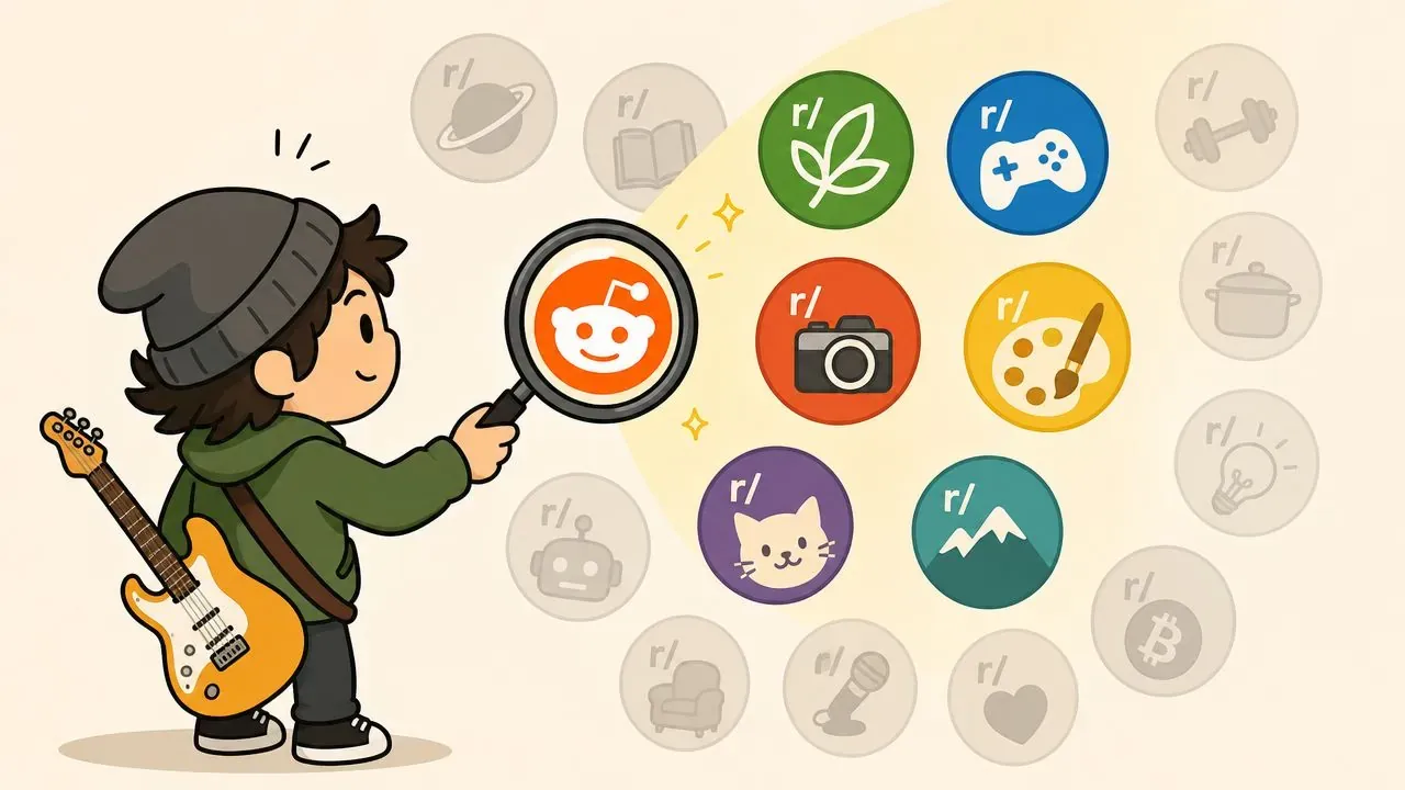 An illustration of a young person with a guitar holding a magnifying glass exploring Reddit communities.
