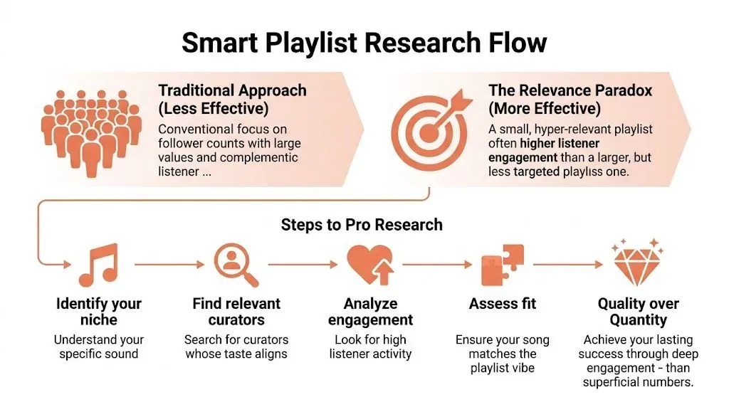 An infographic illustrating a smart playlist research flow comparing traditional versus targeted approaches for music curators.