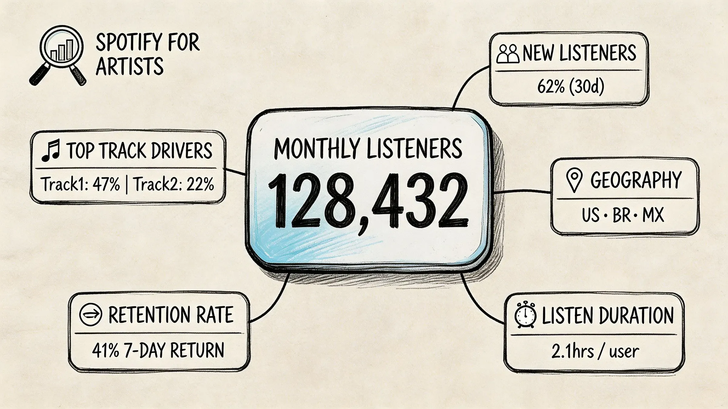 An infographic illustrating Spotify for Artists metrics like monthly listeners, new listeners, top tracks, geography, and retention.