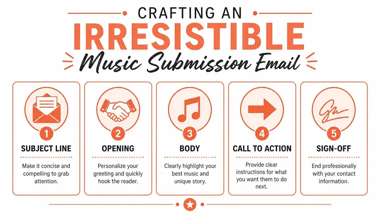An infographic titled Crafting an Irresistible Music Submission Email with five numbered steps for sending effective emails.