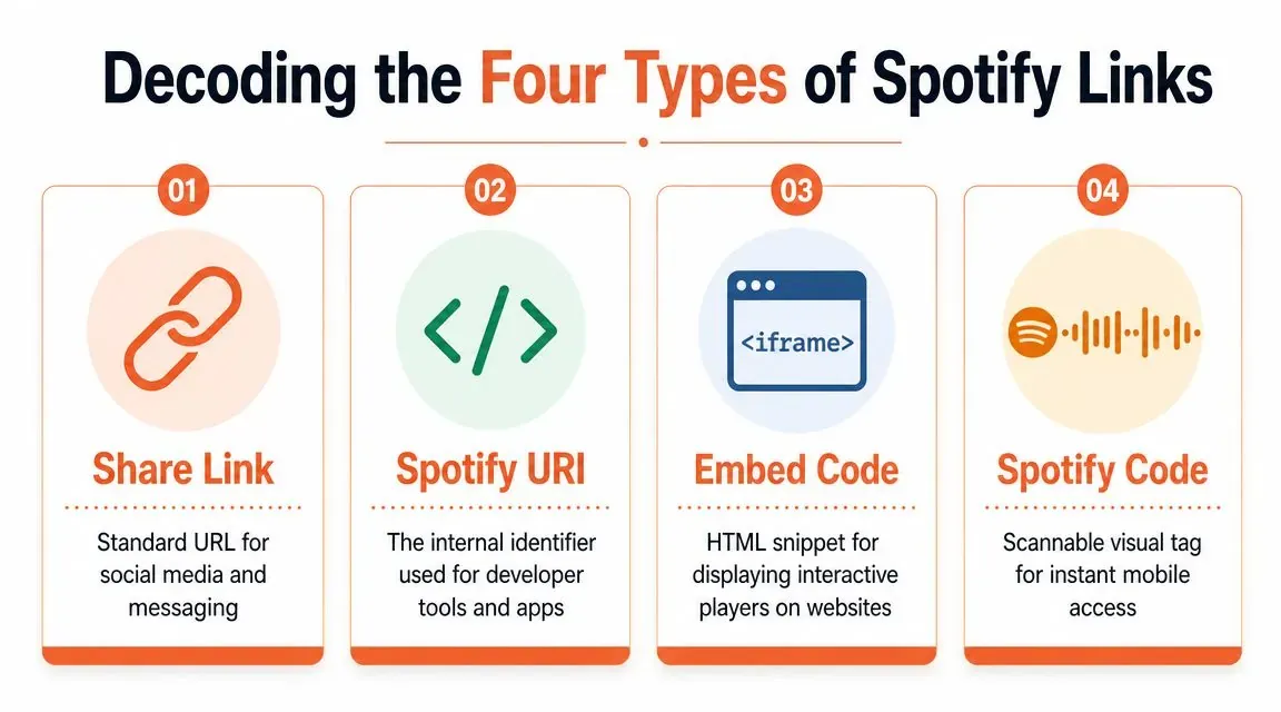 An infographic titled Decoding the Four Types of Spotify Links displaying icons and brief descriptions for each.