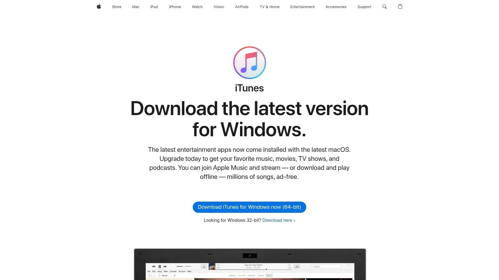 Apple’s iTunes download page offering the latest Windows version, rather than music charts or store rankings.