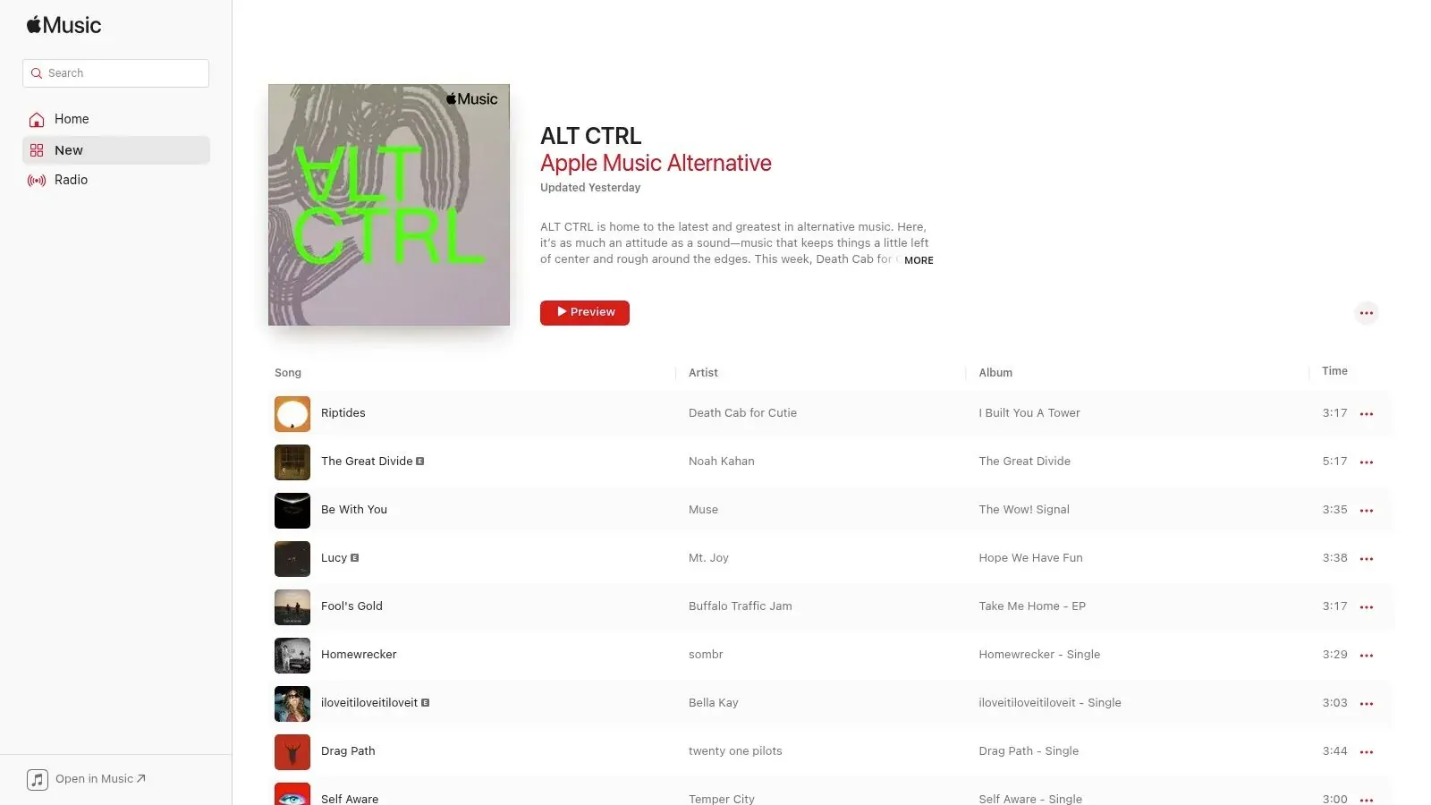 Apple Music’s ALT CTRL playlist page displaying its cover artwork and alternative music track list.