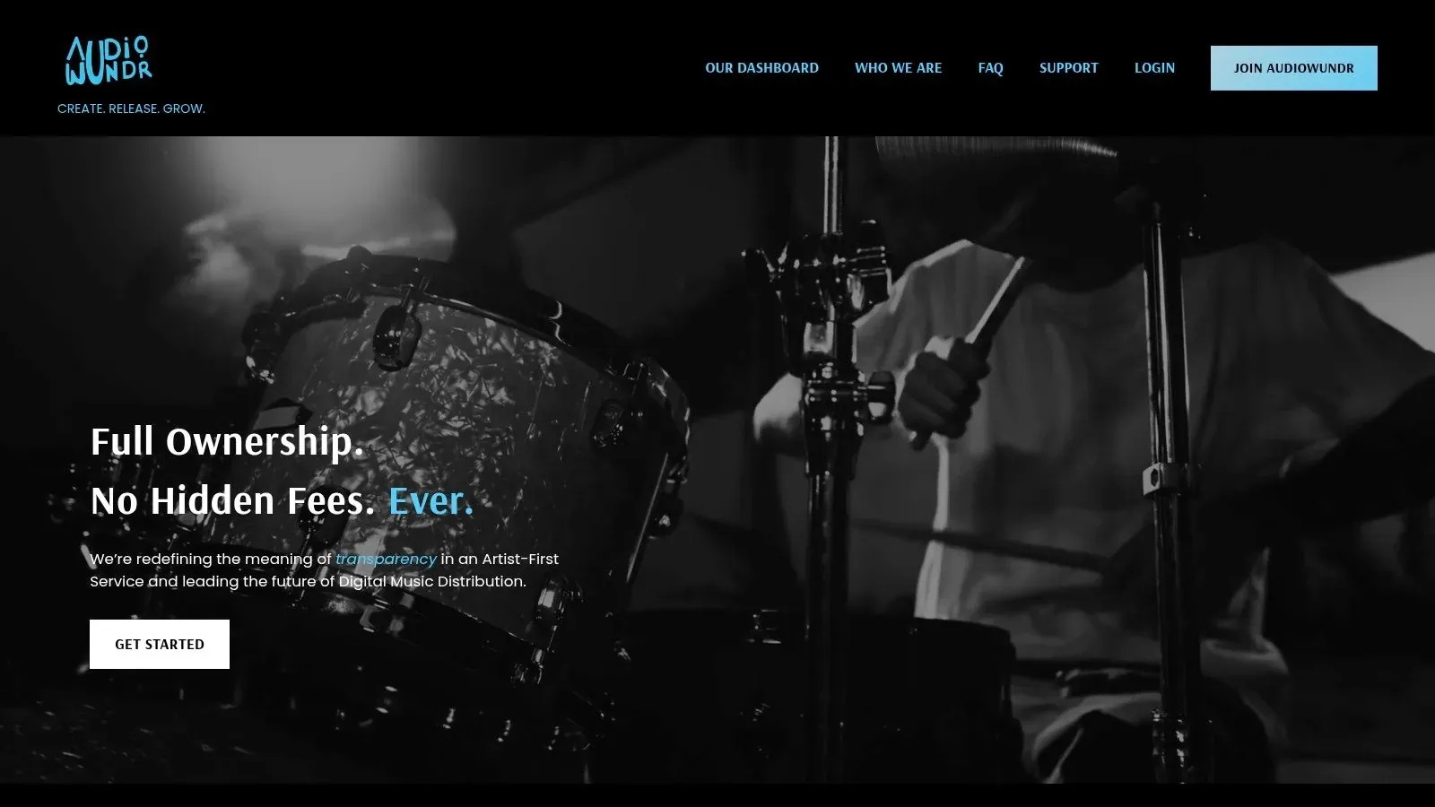 AudioWundr homepage featuring a drummer and the promise Full Ownership. No Hidden Fees. Ever.