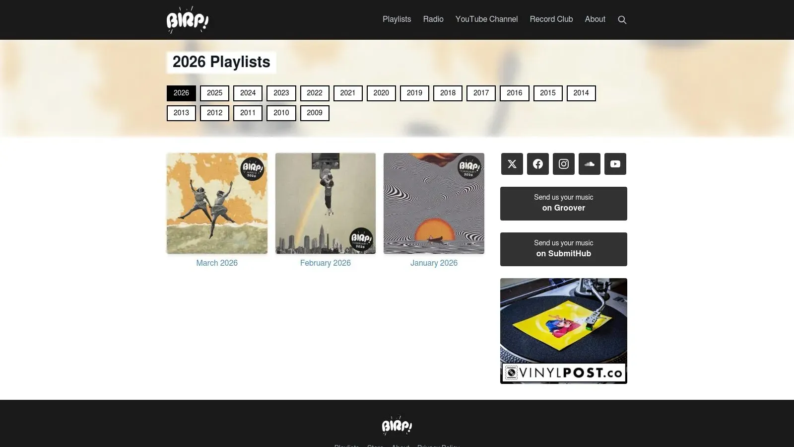 BIRP.fm’s 2026 playlist archive showing monthly indie selections and links for music submissions.
