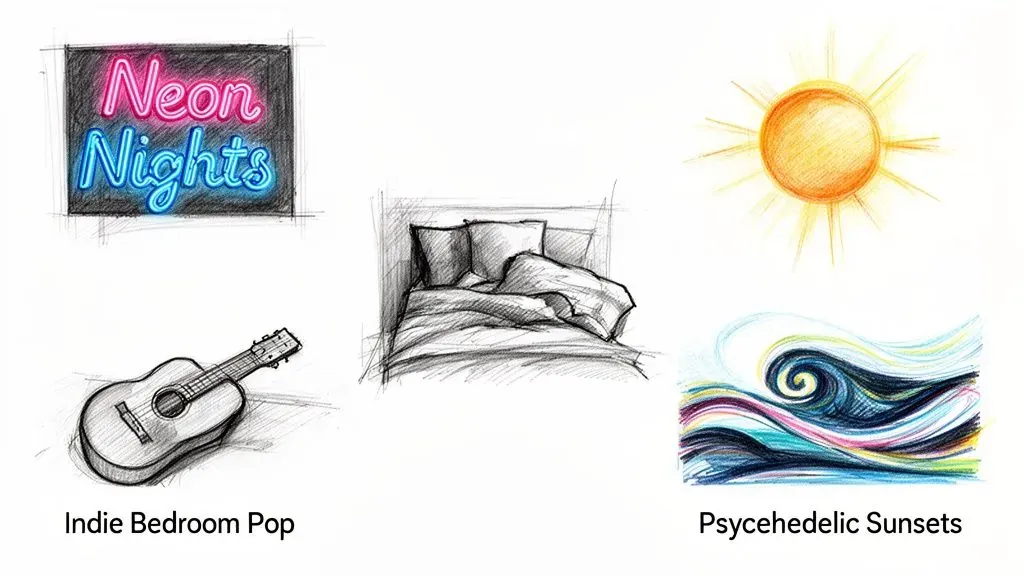 Neon Nights, Indie Bedroom Pop, and Psychedelic Sunsets illustrated as distinctive playlist naming themes.