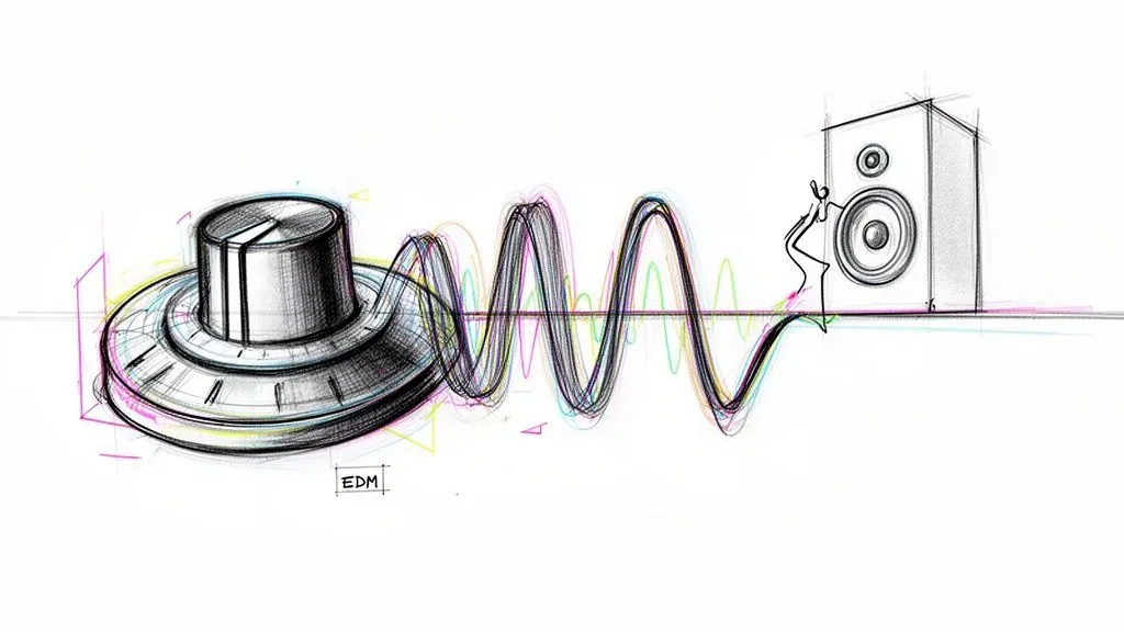 Colorful sketch of a volume knob creating sound waves directed at a speaker, labeled 'EDM'.
