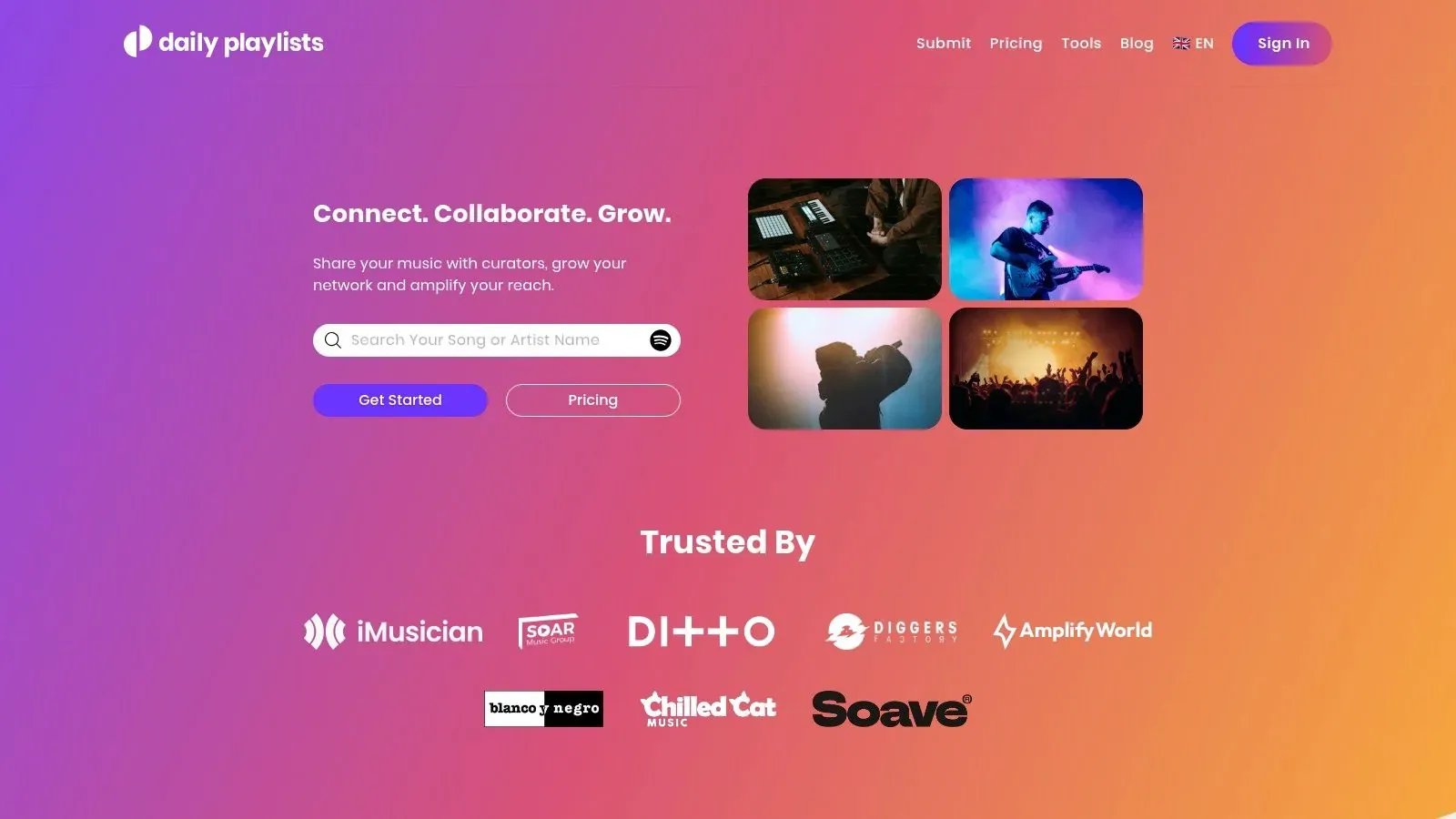 Daily Playlists homepage with a song search field and options to get started or view pricing.