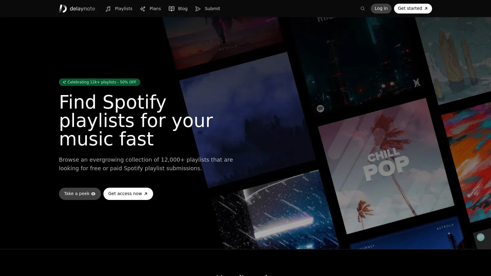 Delaynote’s homepage offering access to Spotify playlists accepting submissions, with playlist artwork previews.