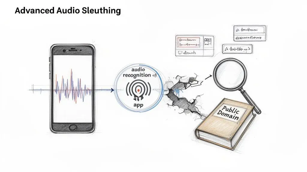 Diagram illustrating audio recognition from a smartphone, processed by an app, leading to a public domain search.
