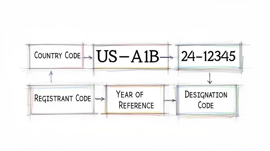 Diagram illustrating the structure of a code example US-A1B-24-12345, identifying country, registrant, year, and designation codes.