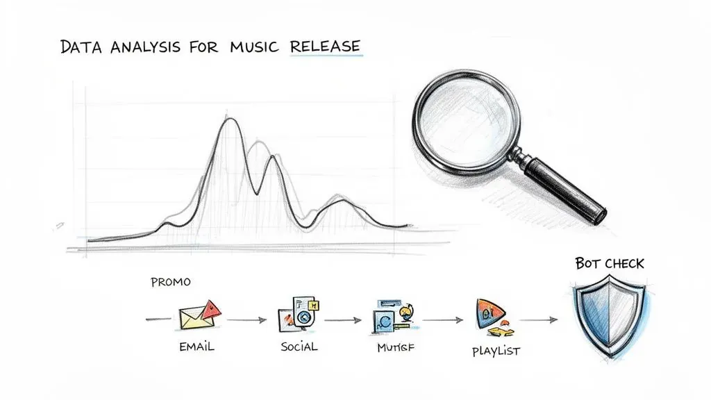 Diagram showing data analysis for music release, including promo, social, music, playlist, and bot check steps, with a graph and magnifying glass.