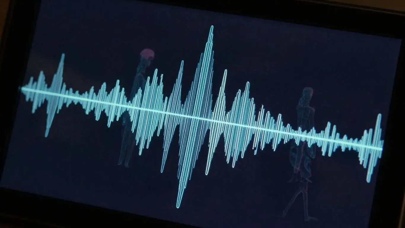 Digital display showing a glowing audio waveform over faint human figures, illustrating automated music activity.