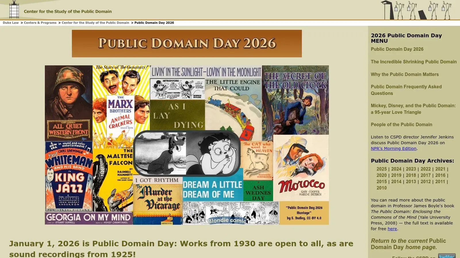Duke’s Public Domain Day 2026 page featuring works from 1930 and sound recordings from 1925.