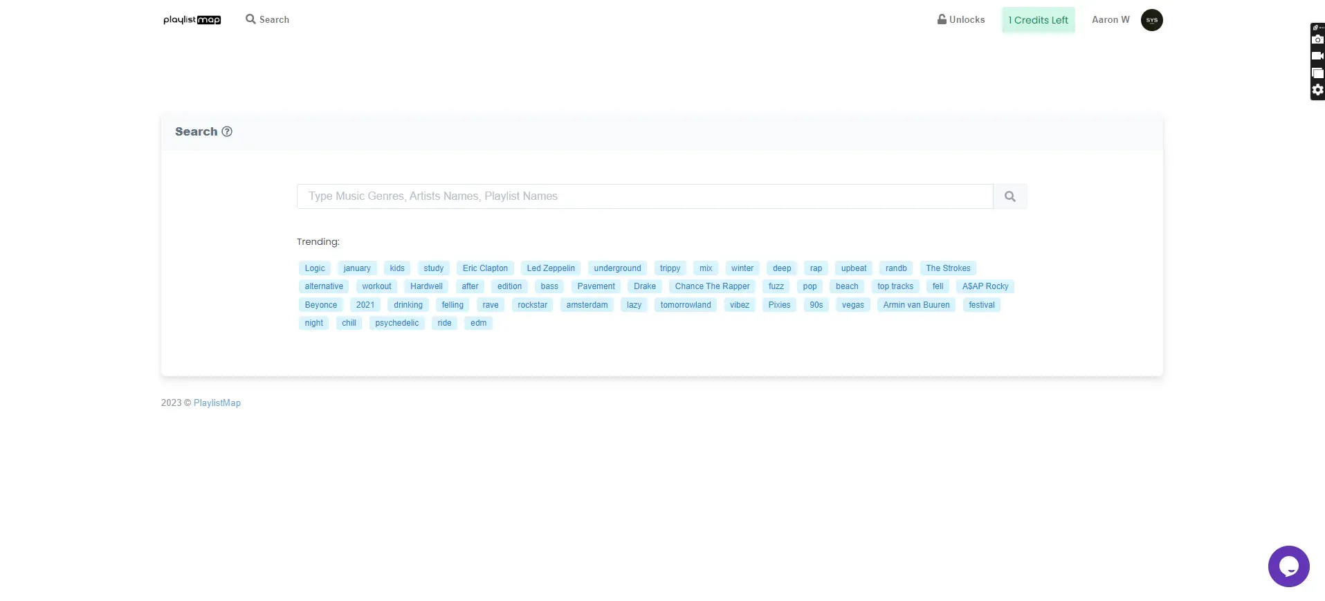 PlaylistMap’s search screen with a genre, artist, or playlist search field and trending keyword suggestions.
