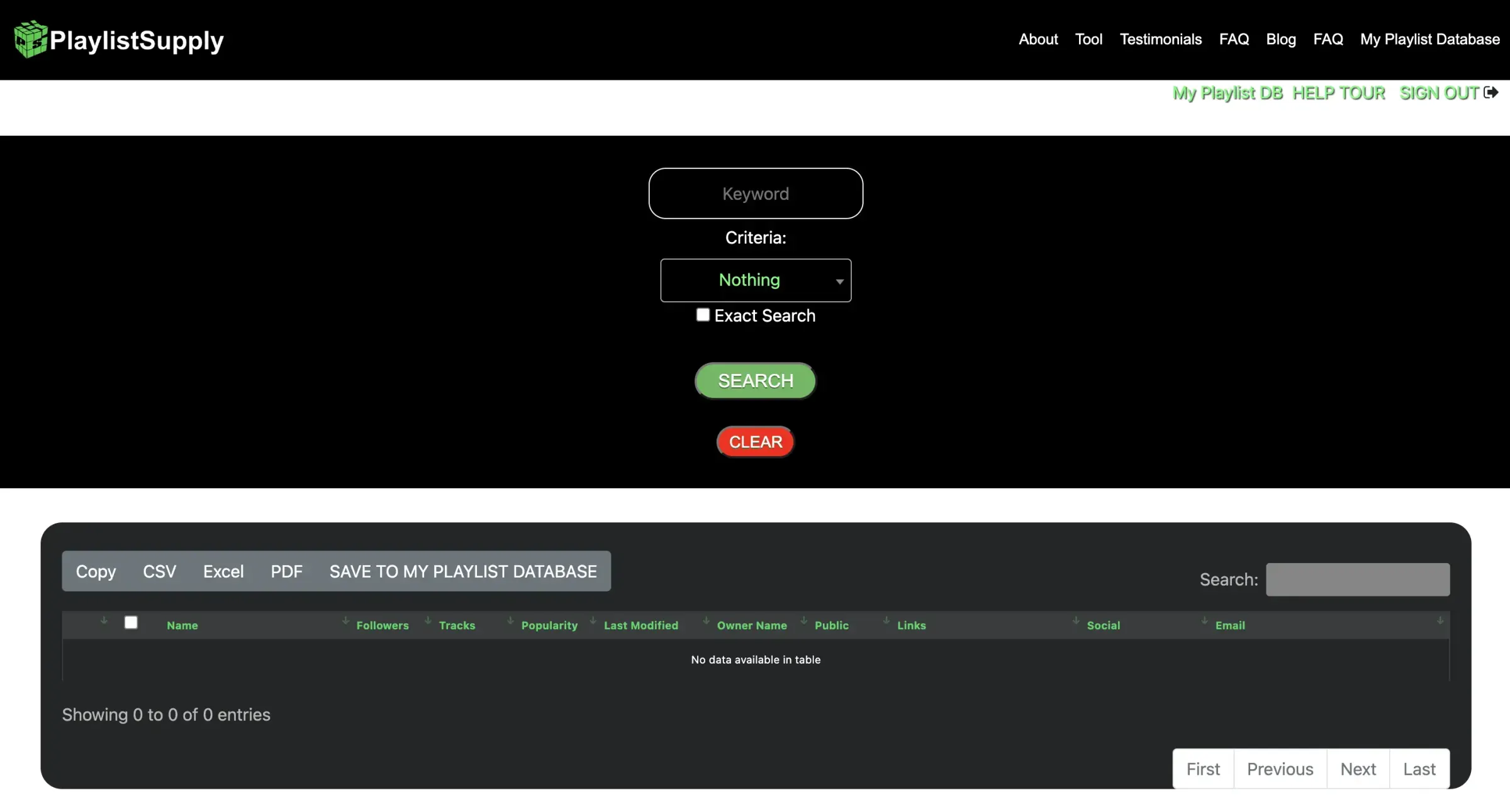 PlaylistSupply’s search interface with keyword and criteria fields above an empty playlist database table.