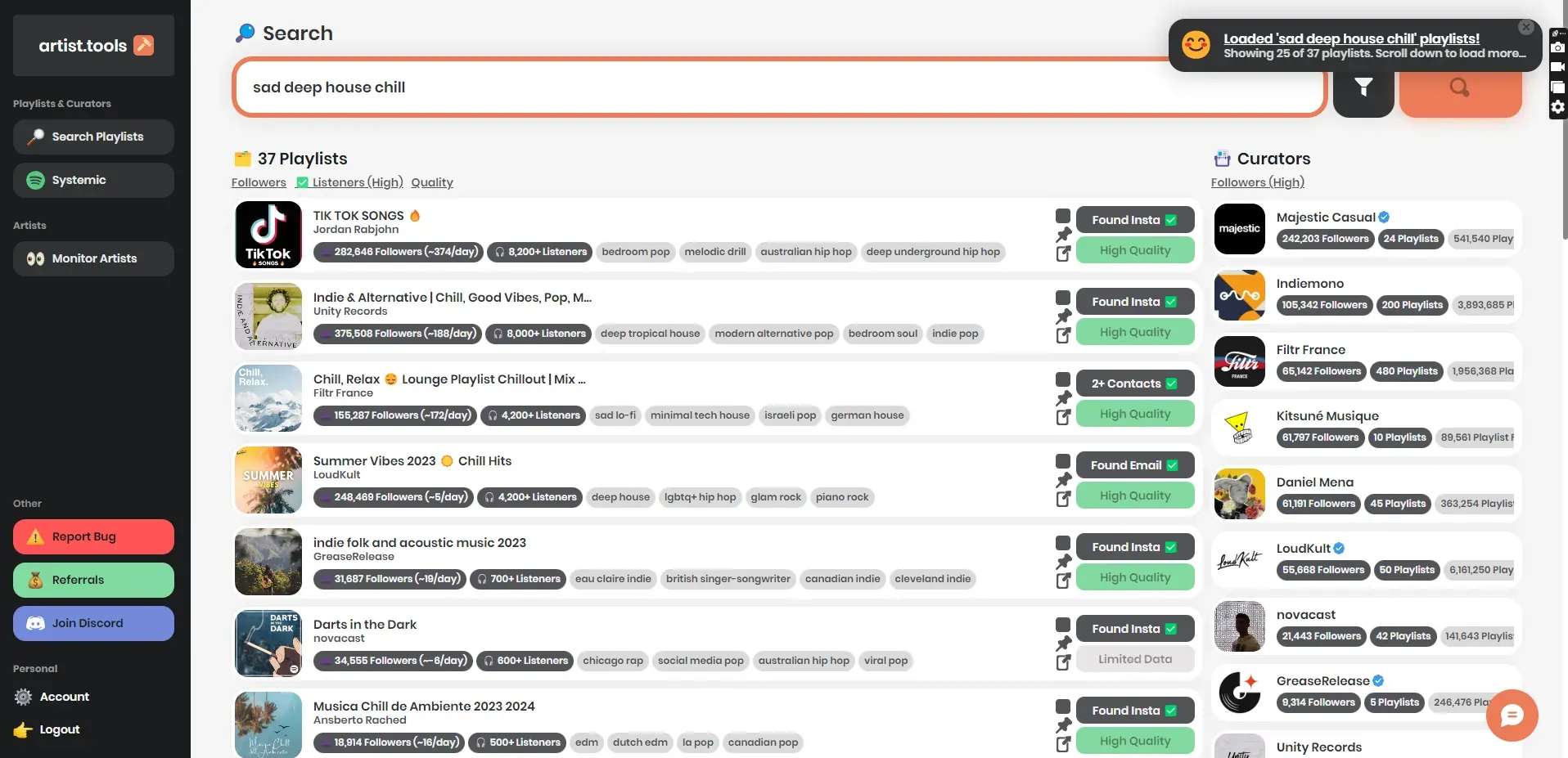 artist.tools playlist search results showing matching playlists, curator profiles, and contact buttons.