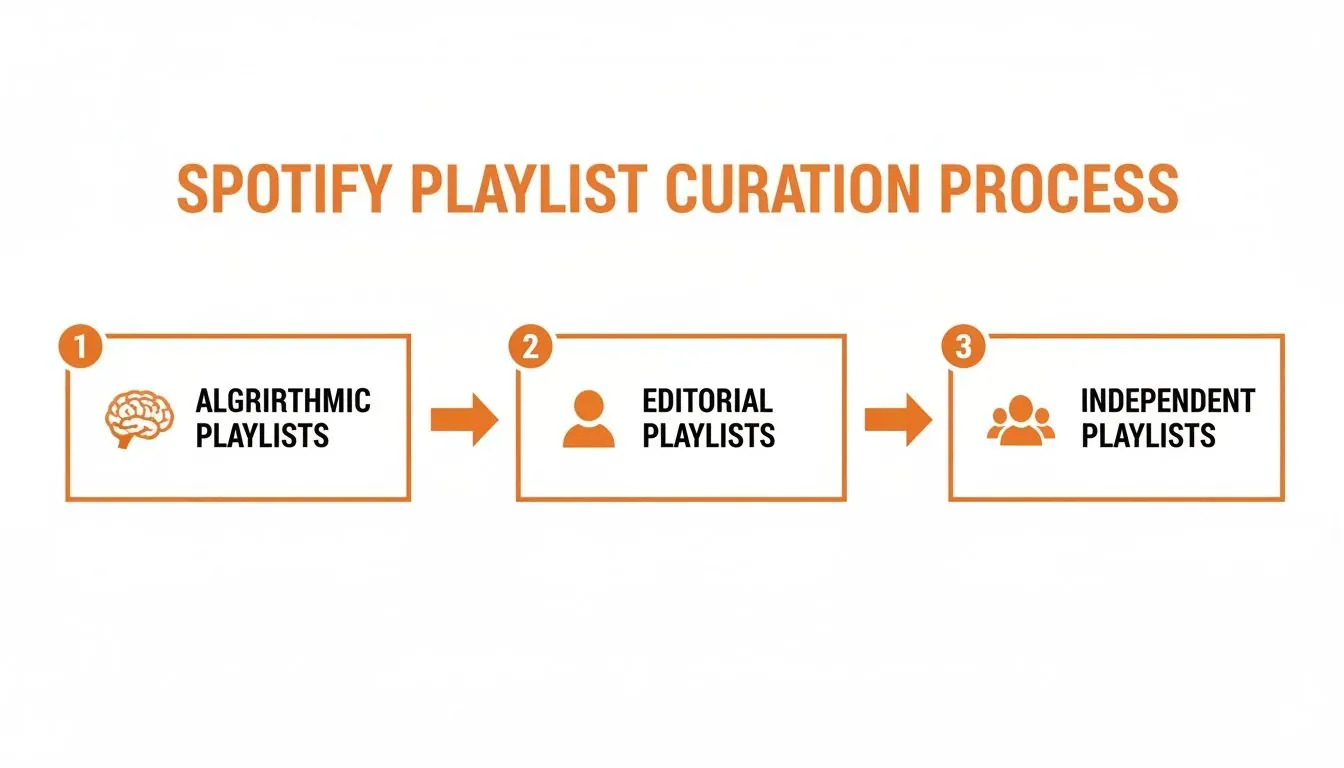 Flowchart illustrating Spotify's playlist curation process: algorithmic, editorial, and independent playlists.
